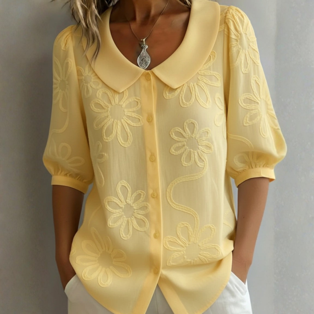 CECILIA – Blusa Donna con Colletto Peter Pan e Ricami Floreali