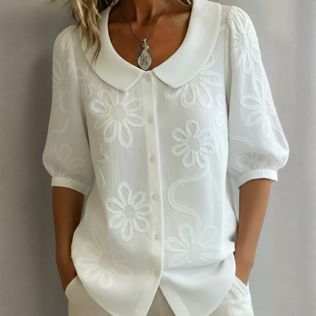 CECILIA – Blusa Donna con Colletto Peter Pan e Ricami Floreali
