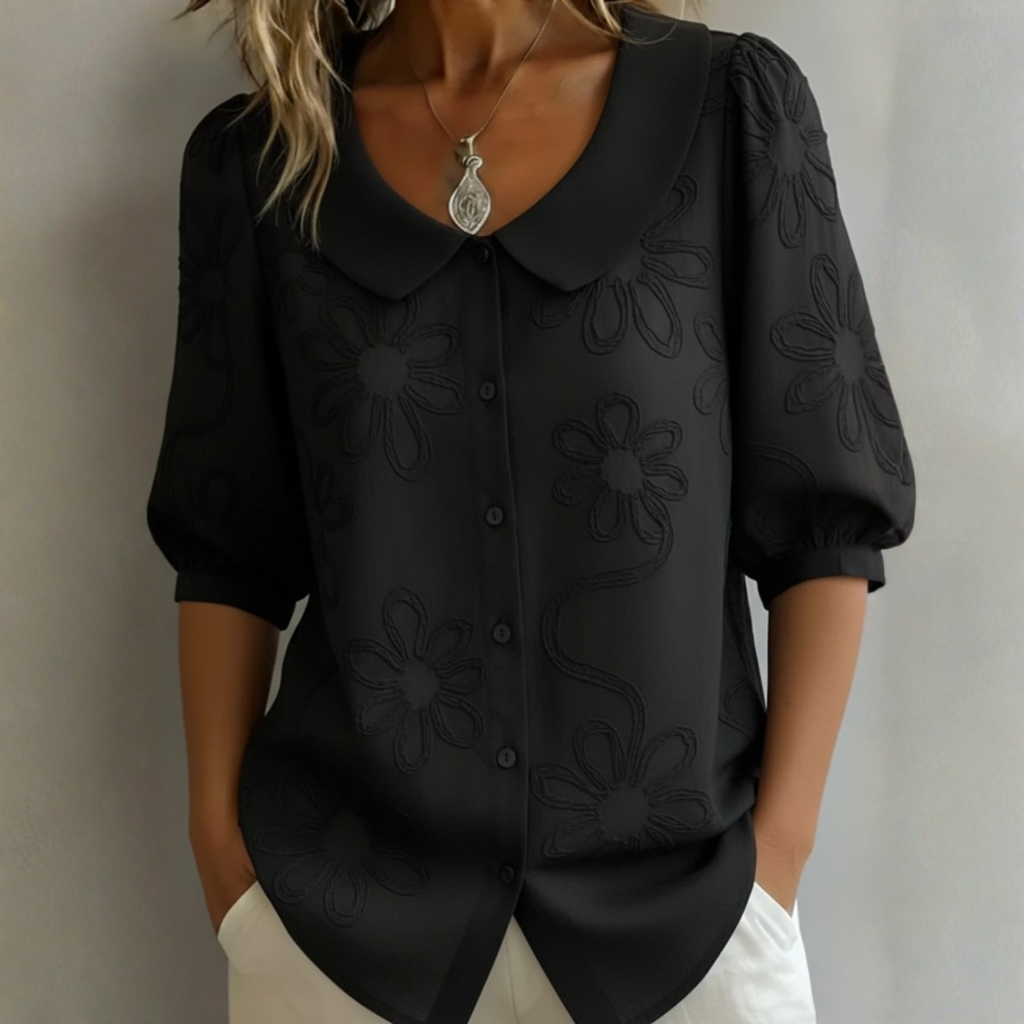 CECILIA – Blusa Donna con Colletto Peter Pan e Ricami Floreali