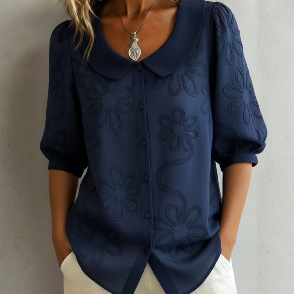 CECILIA – Blusa Donna con Colletto Peter Pan e Ricami Floreali