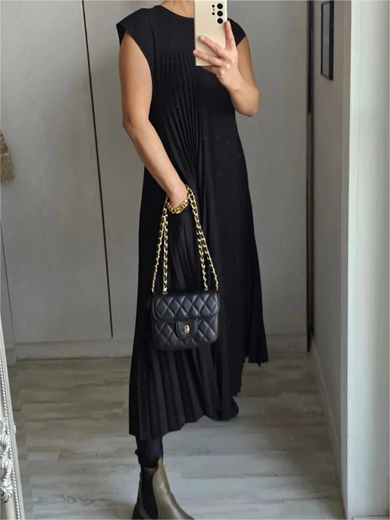 VICENZA – Vestito Midi Donna Plissé Beige Senza Maniche