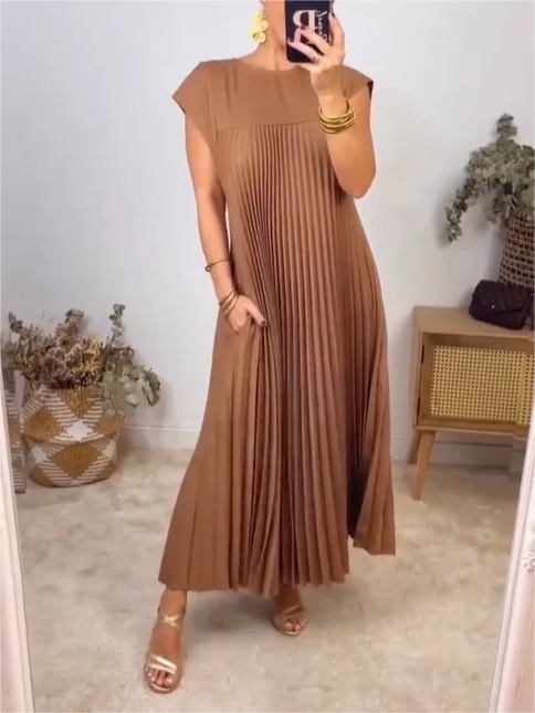 VICENZA – Vestito Midi Donna Plissé Beige Senza Maniche