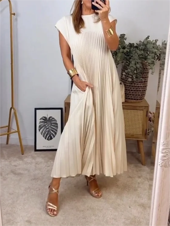 VICENZA – Vestito Midi Donna Plissé Beige Senza Maniche