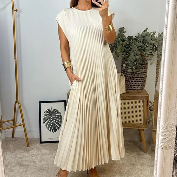 VICENZA – Vestito Midi Donna Plissé Beige Senza Maniche