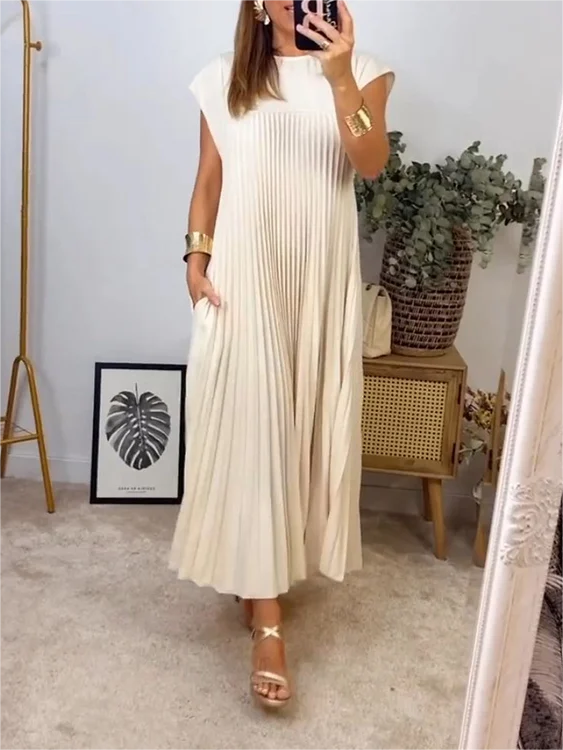 VICENZA – Vestito Midi Donna Plissé Beige Senza Maniche