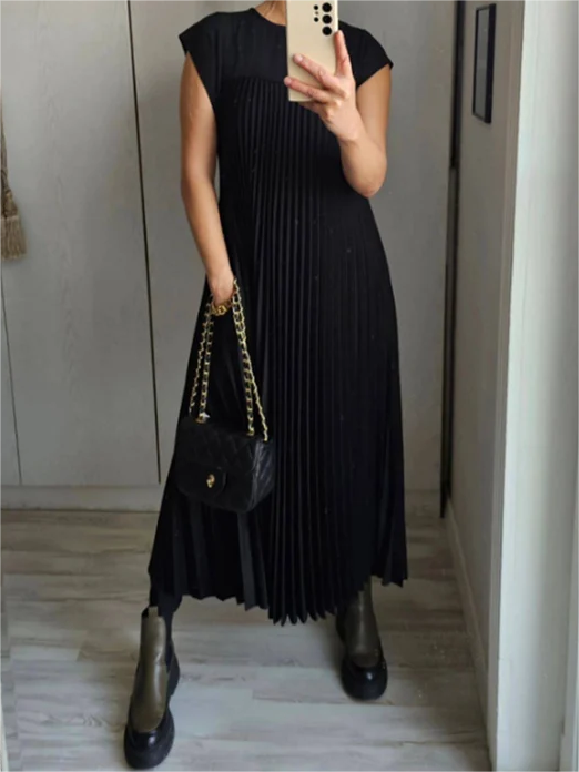 VICENZA – Vestito Midi Donna Plissé Beige Senza Maniche