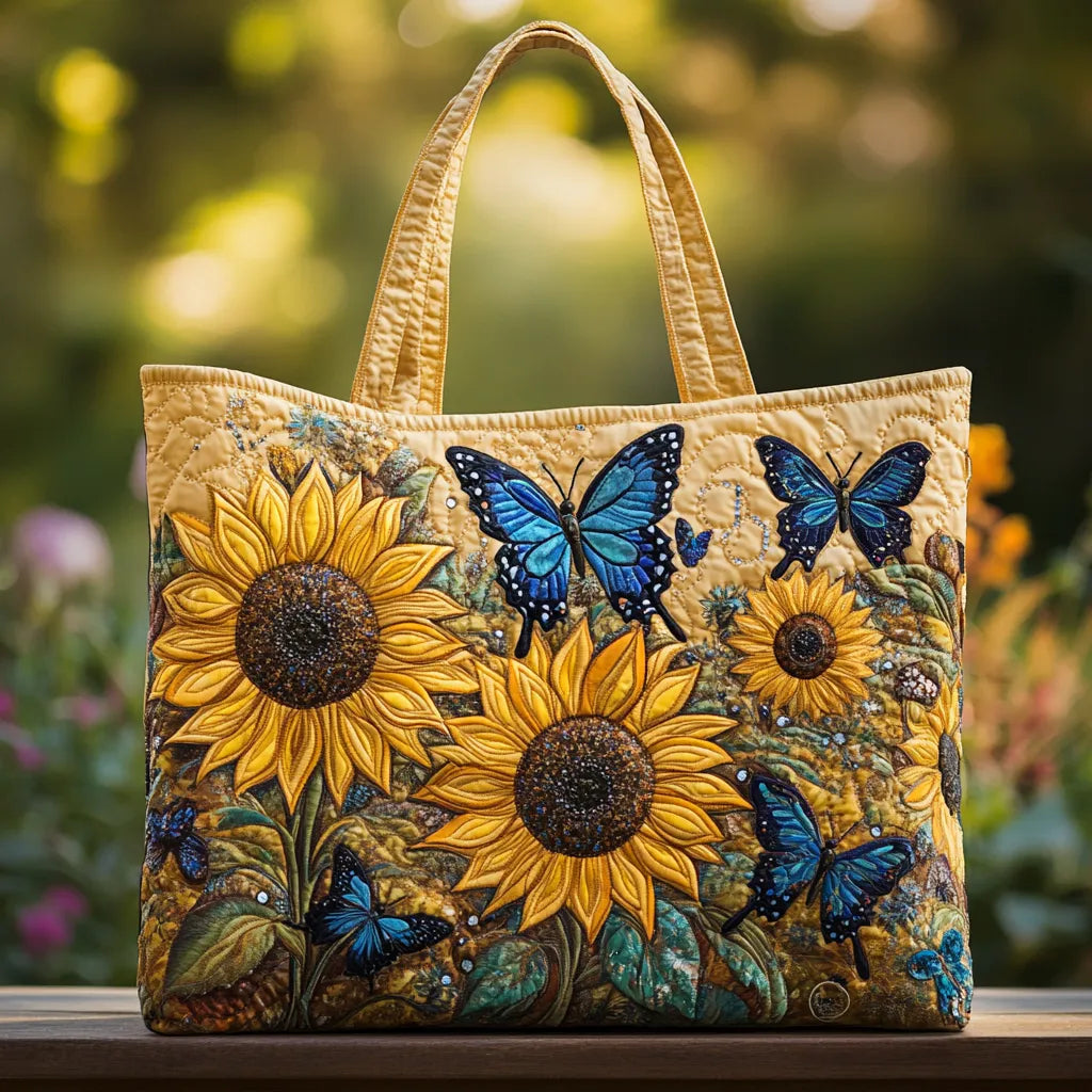 Borsa Artigianale Girasoli e Farfalle Blu: Eleganza e Spazio per Ogni Giorno 0