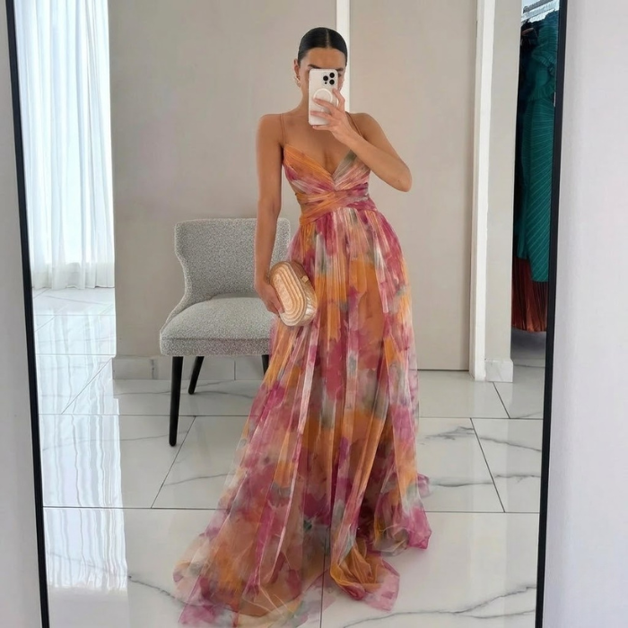 ADRIANA – Vestito Lungo Donna in Chiffon con Stampa Floreale Acquerello