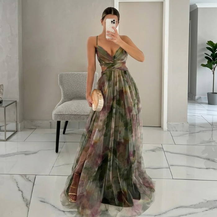 ADRIANA – Vestito Lungo Donna in Chiffon con Stampa Floreale Acquerello