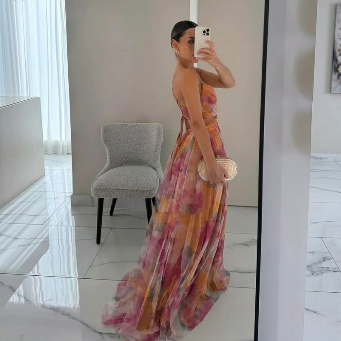 ADRIANA – Vestito Lungo Donna in Chiffon con Stampa Floreale Acquerello