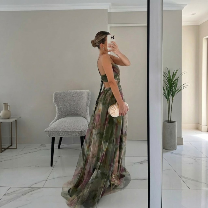 ADRIANA – Vestito Lungo Donna in Chiffon con Stampa Floreale Acquerello