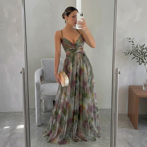 ADRIANA – Vestito Lungo Donna in Chiffon con Stampa Floreale Acquerello