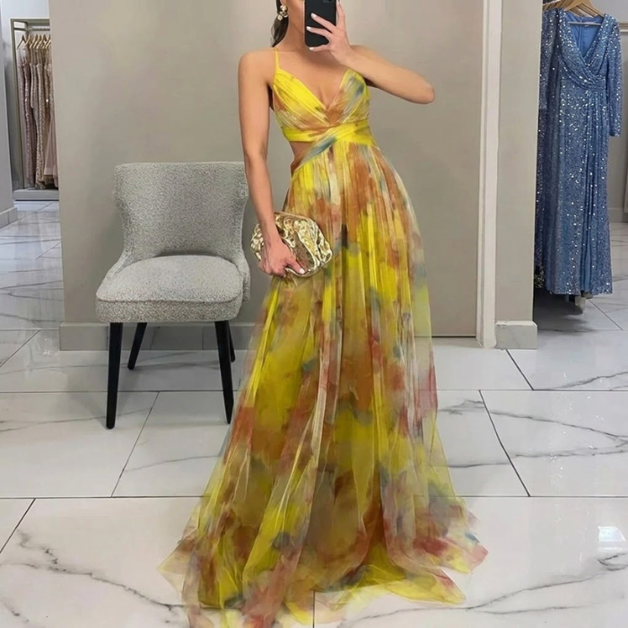 ADRIANA – Vestito Lungo Donna in Chiffon con Stampa Floreale Acquerello