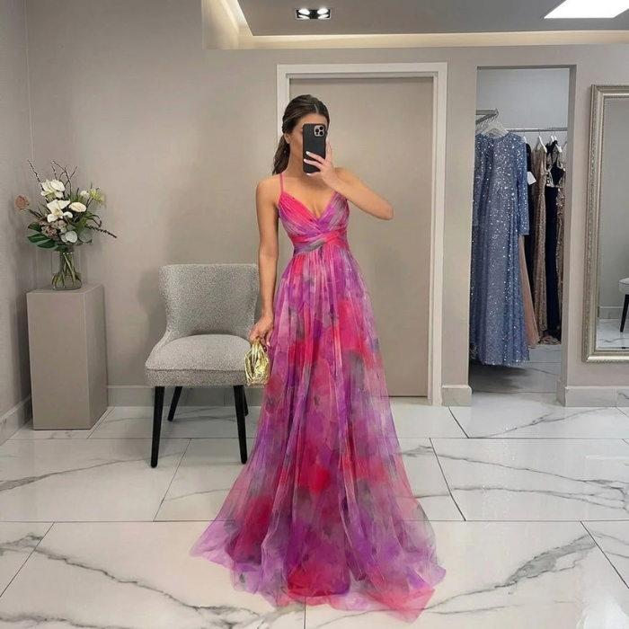ADRIANA – Vestito Lungo Donna in Chiffon con Stampa Floreale Acquerello