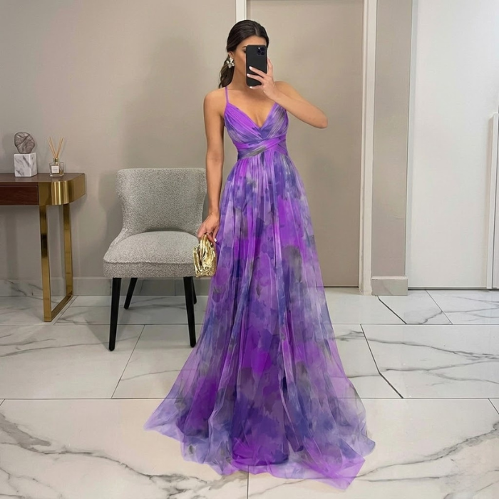 ADRIANA – Vestito Lungo Donna in Chiffon con Stampa Floreale Acquerello