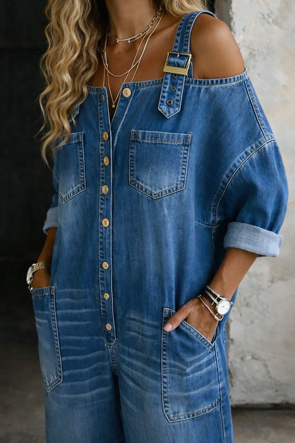 Tuta Donna in Denim con Spalle Scoperte - Stile Versatile e Comfort 1