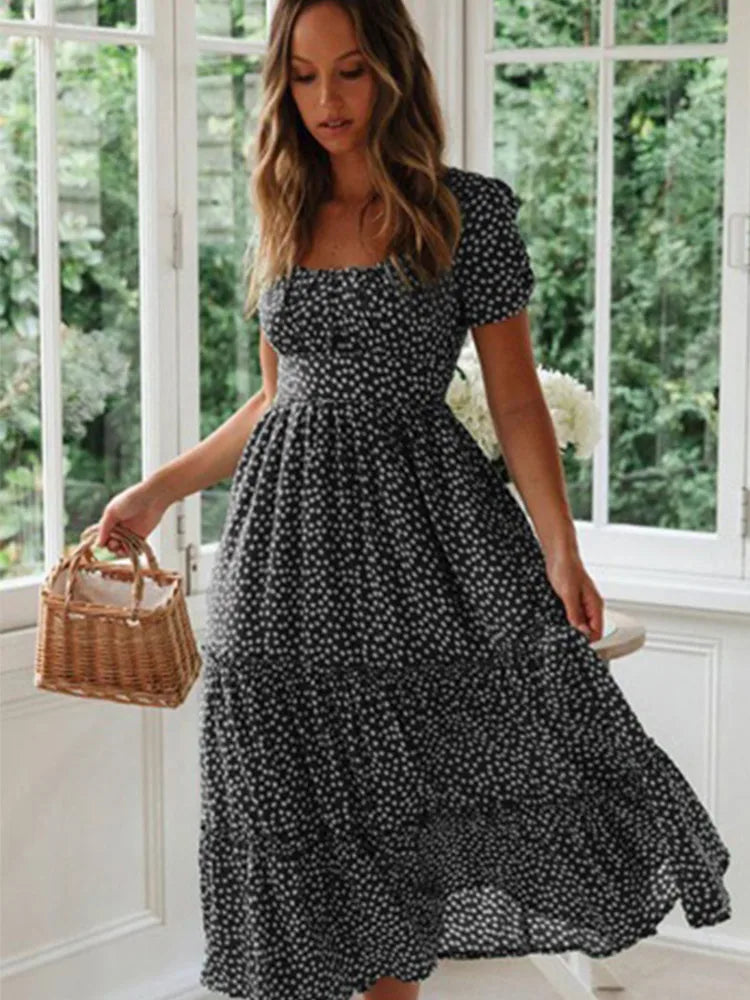 Vestito Lungo Estivo Donna Vintage con Maniche a Sbuffo 9