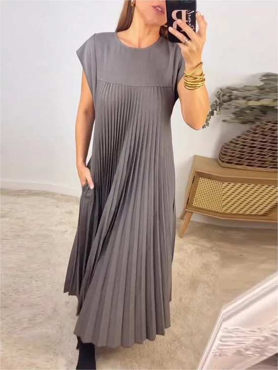 VICENZA – Vestito Midi Donna Plissé Beige Senza Maniche