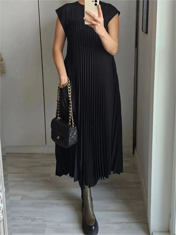 VICENZA – Vestito Midi Donna Plissé Beige Senza Maniche