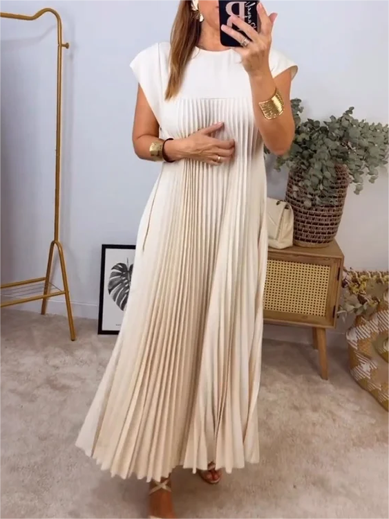 VICENZA – Vestito Midi Donna Plissé Beige Senza Maniche