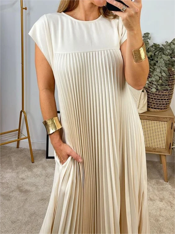 VICENZA – Vestito Midi Donna Plissé Beige Senza Maniche