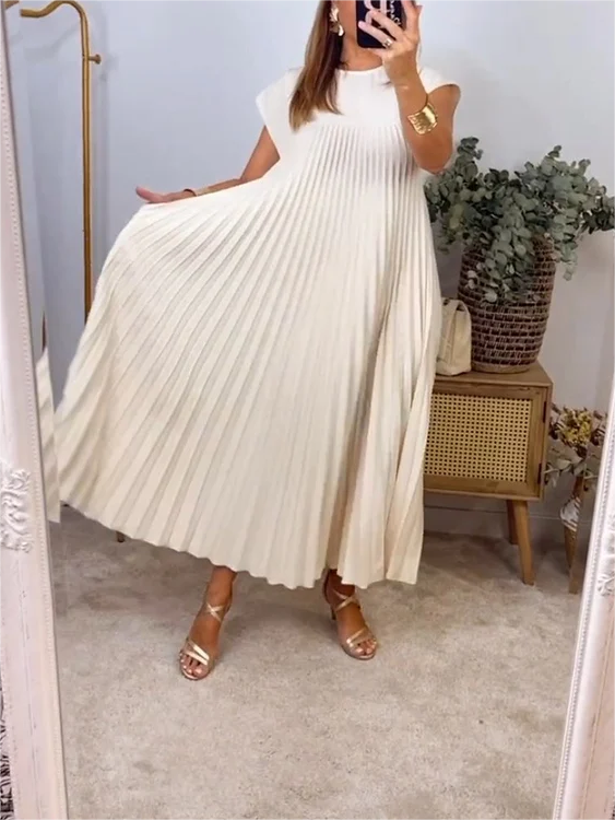 VICENZA – Vestito Midi Donna Plissé Beige Senza Maniche