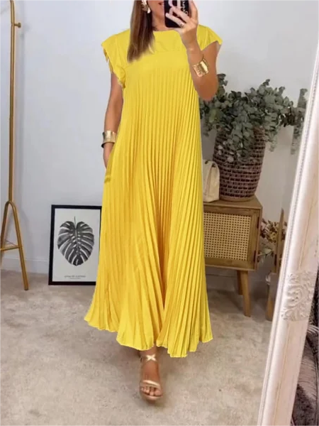 VICENZA – Vestito Midi Donna Plissé Beige Senza Maniche