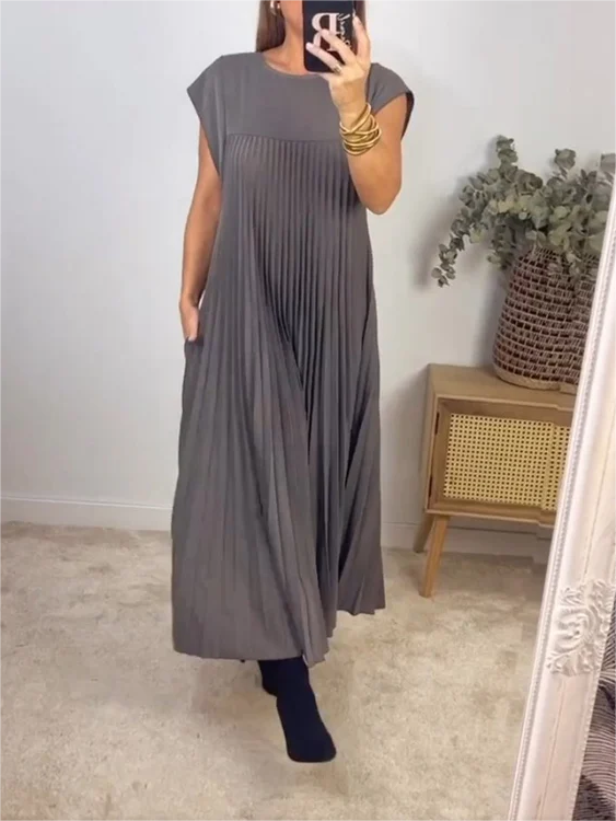VICENZA – Vestito Midi Donna Plissé Beige Senza Maniche