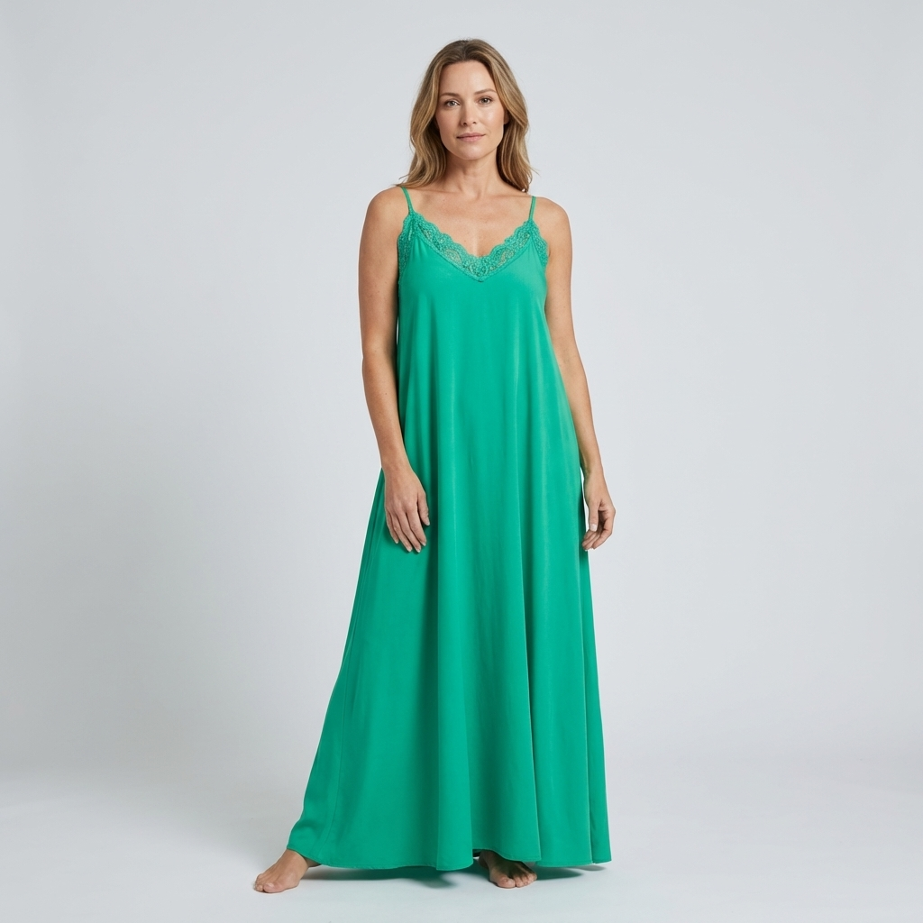 AZZURRA – Vestito Lungo Donna con Spalline Sottili e Dettaglio in Pizzo