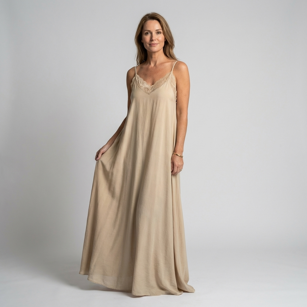 AZZURRA – Vestito Lungo Donna con Spalline Sottili e Dettaglio in Pizzo
