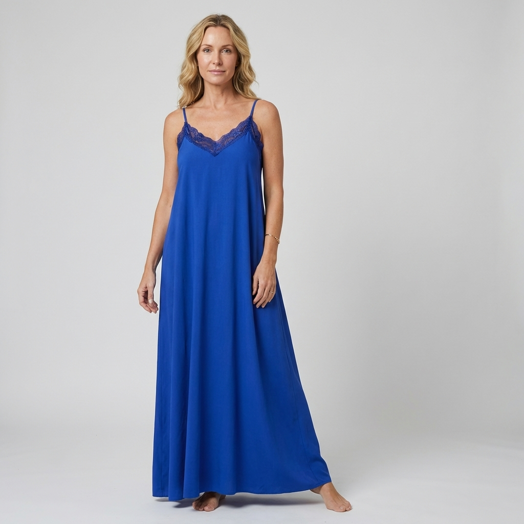 AZZURRA – Vestito Lungo Donna con Spalline Sottili e Dettaglio in Pizzo