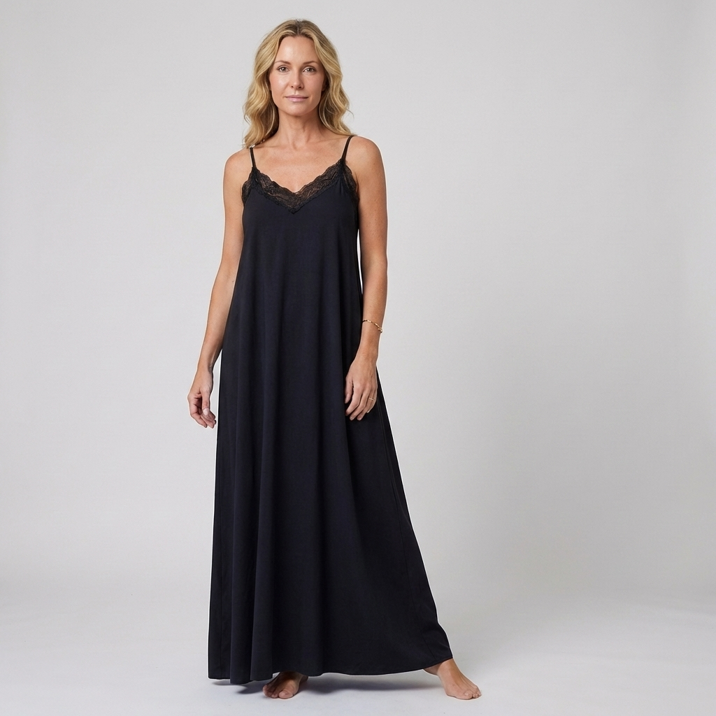 AZZURRA – Vestito Lungo Donna con Spalline Sottili e Dettaglio in Pizzo