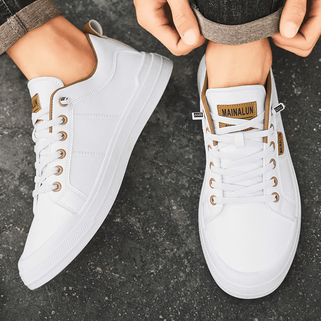 Enzo – Sneaker Uomo in Pelle Bianca con Dettagli Camel