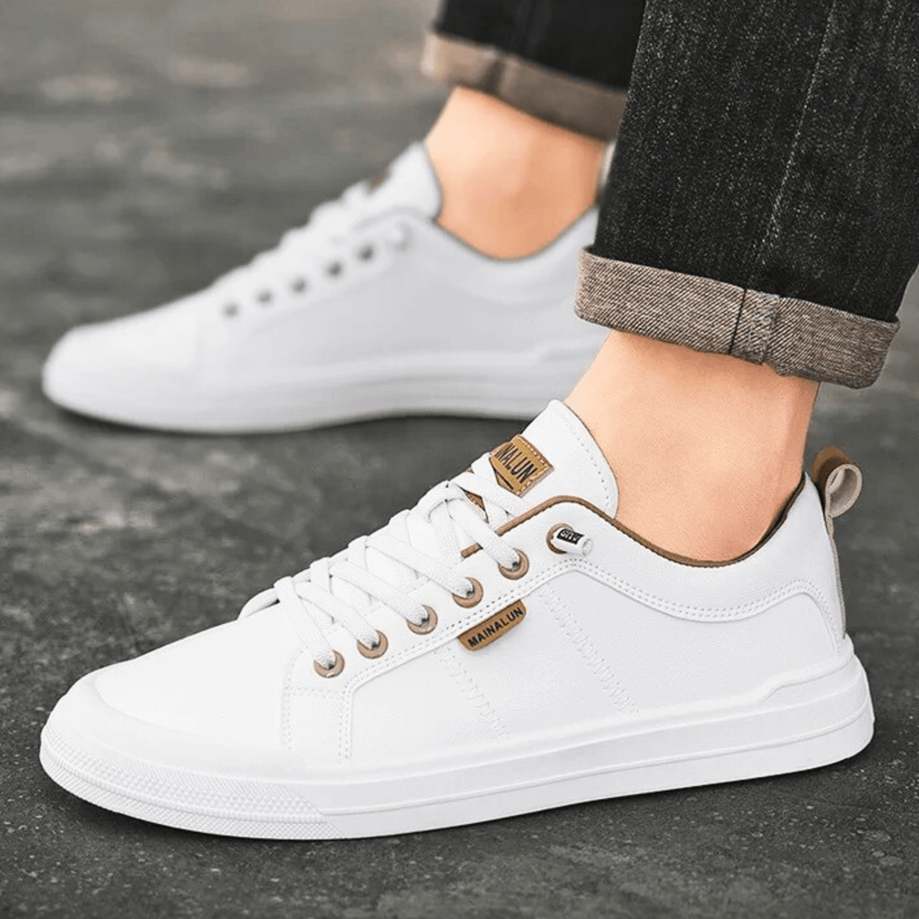 Enzo – Sneaker Uomo in Pelle Bianca con Dettagli Camel
