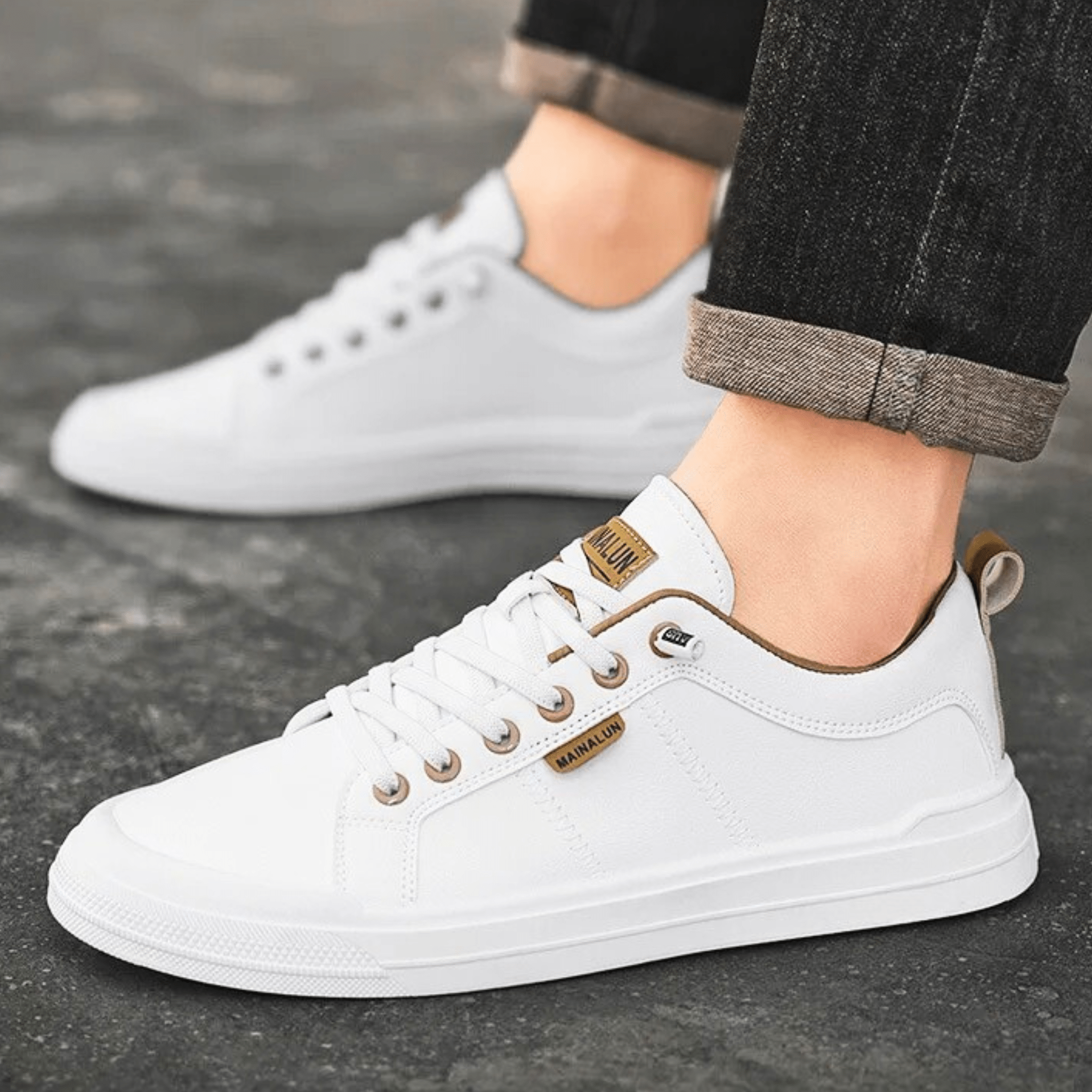 Enzo – Sneaker Uomo in Pelle Bianca con Dettagli Camel