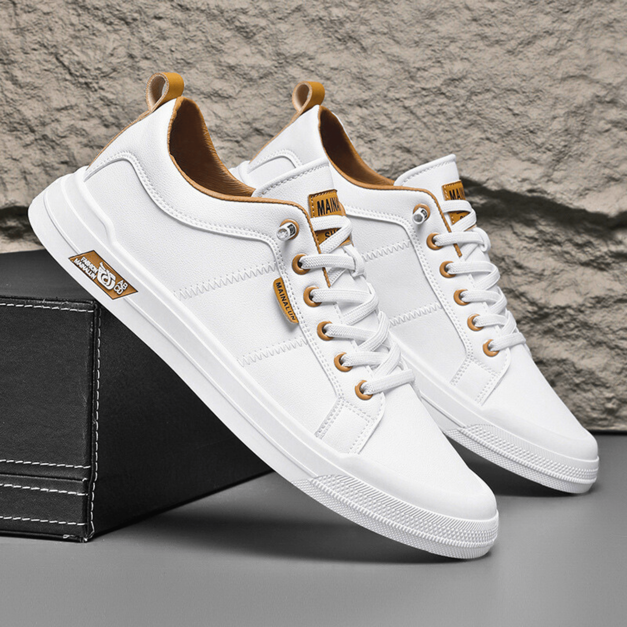 Enzo – Sneaker Uomo in Pelle Bianca con Dettagli Camel